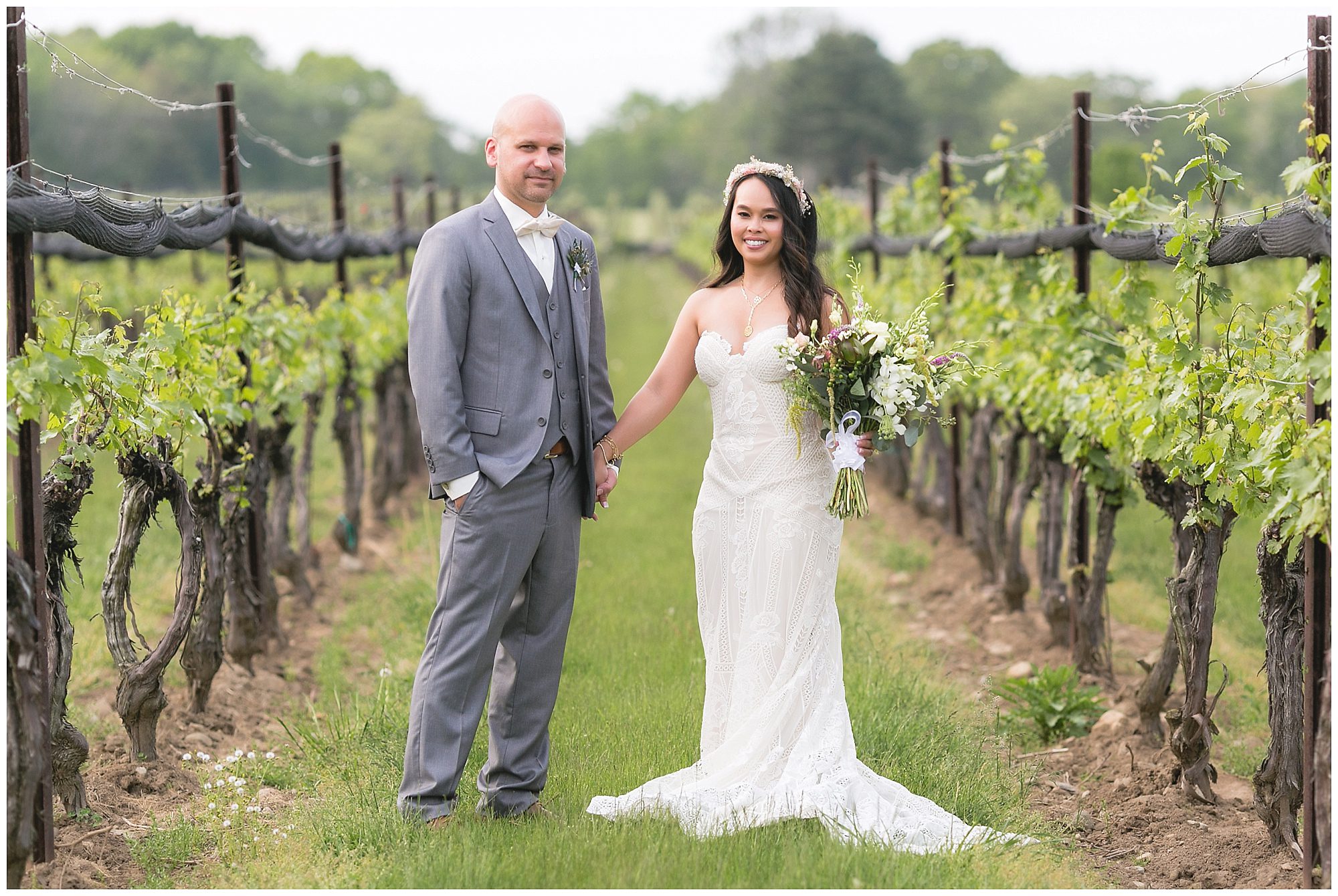 bride and groom in a vineyard