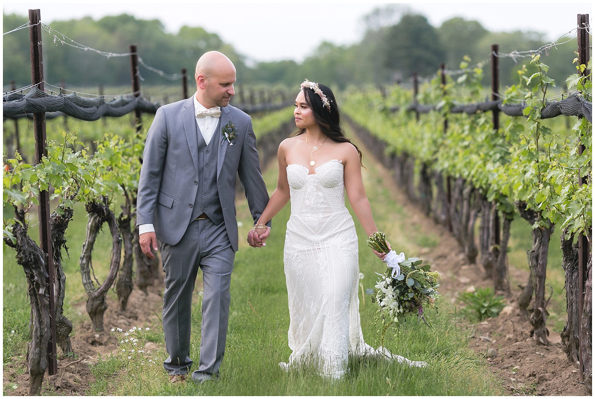 bride and groom in a vineyard