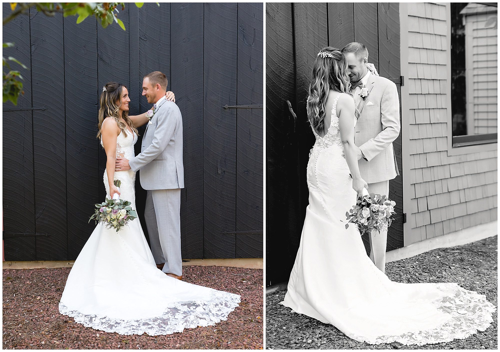 bride and groom by barn