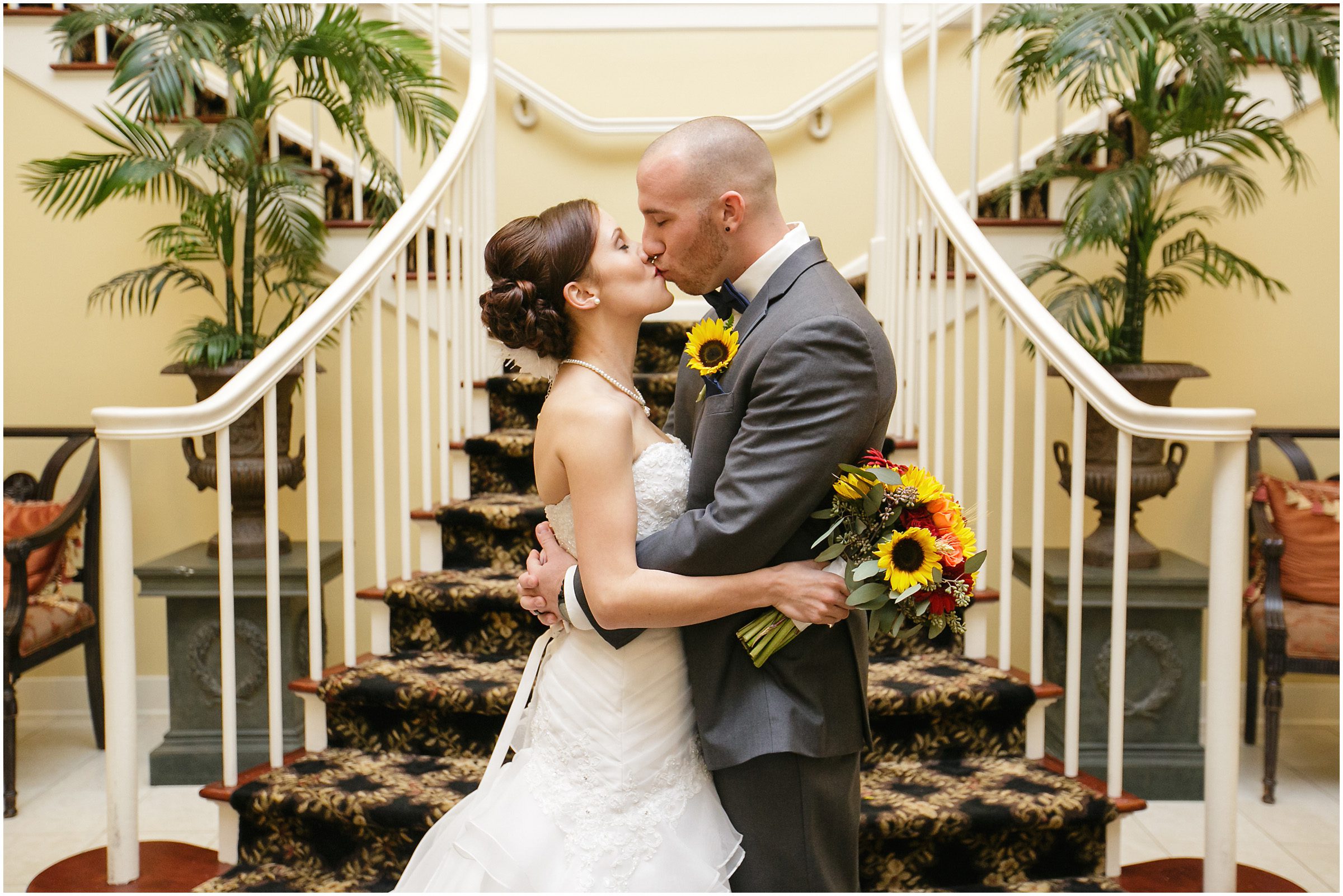 bride and groom staircase at Woodwinds