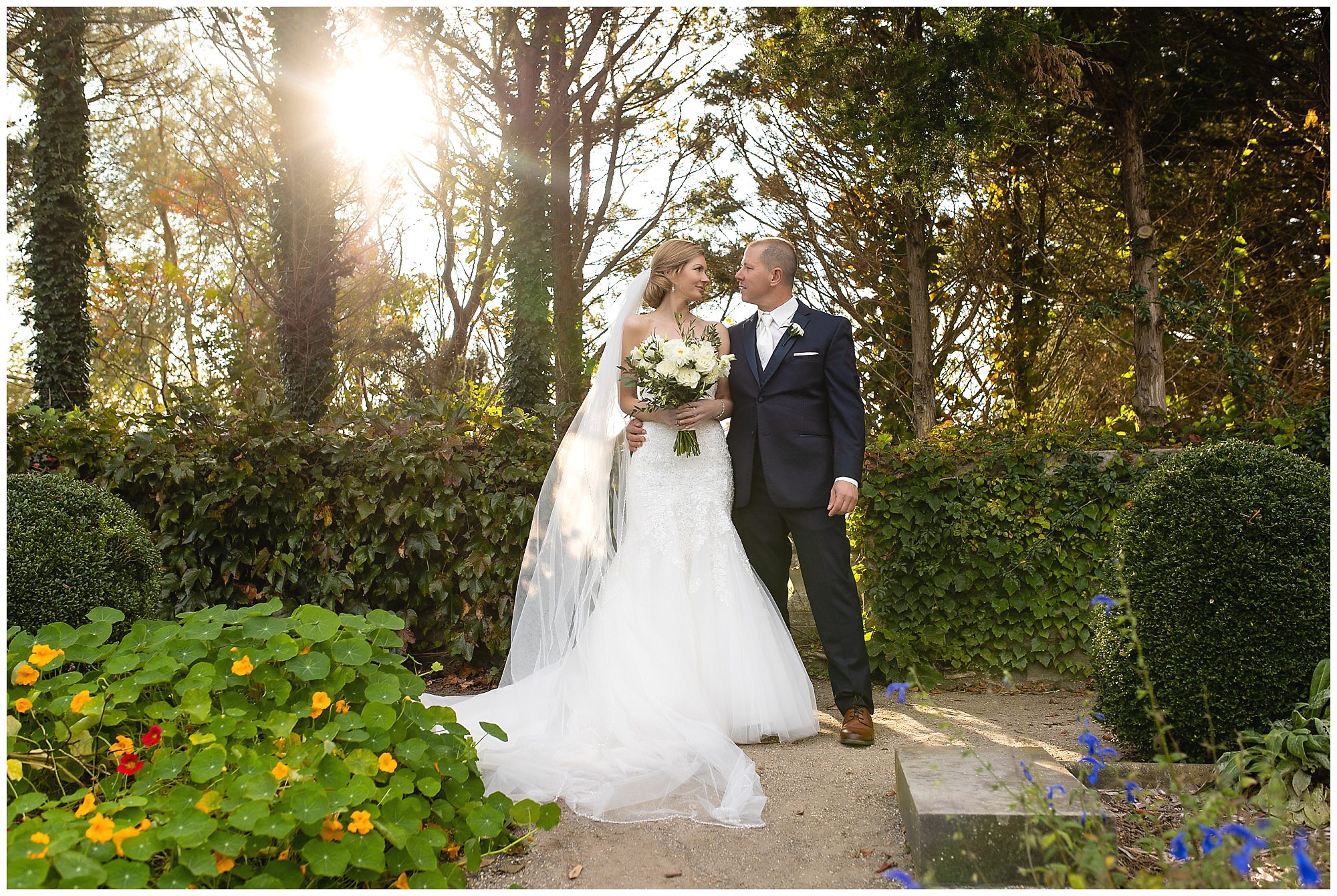 bride and groom sunset