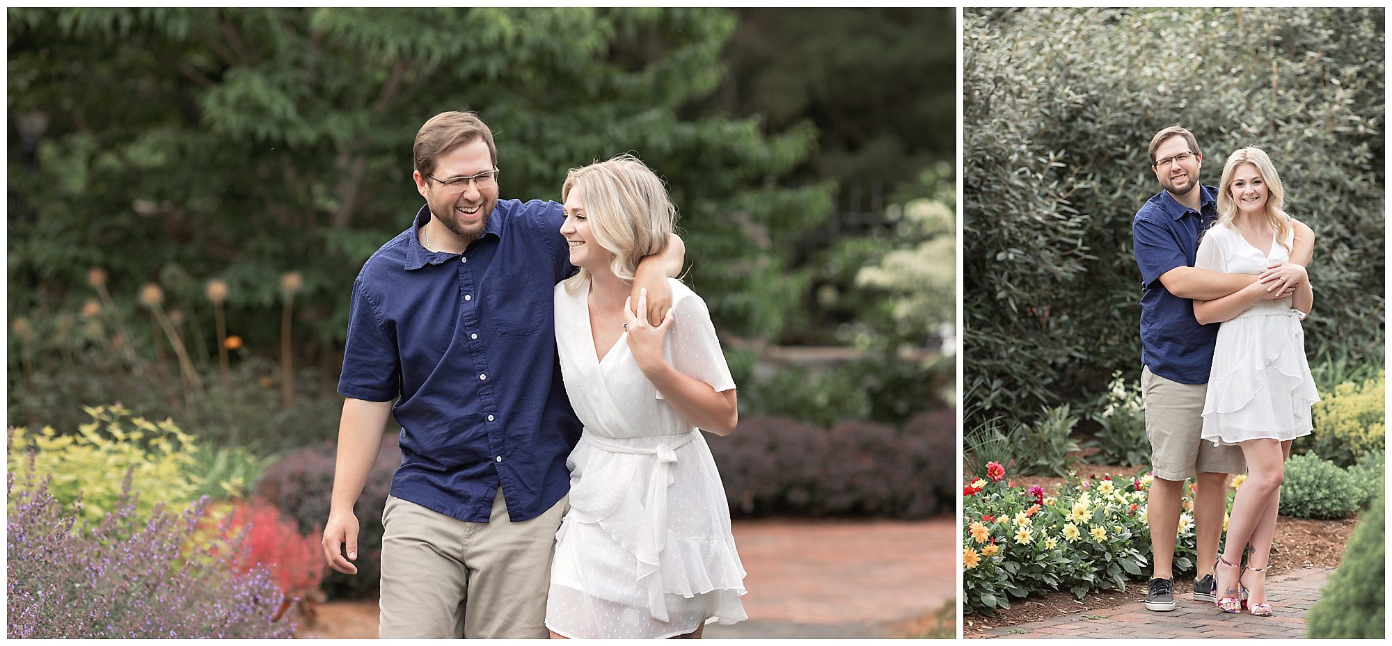 engaged couple walking down flower path