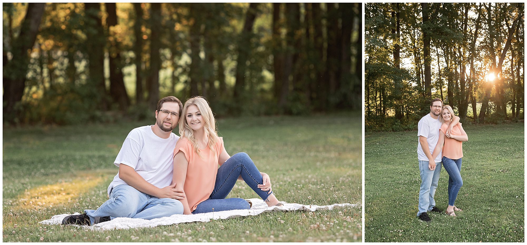 engaged couple sitting in a field