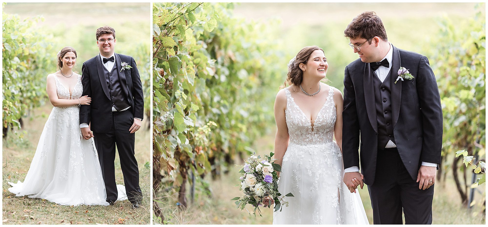 bride and groom holding hands and smiling at one another