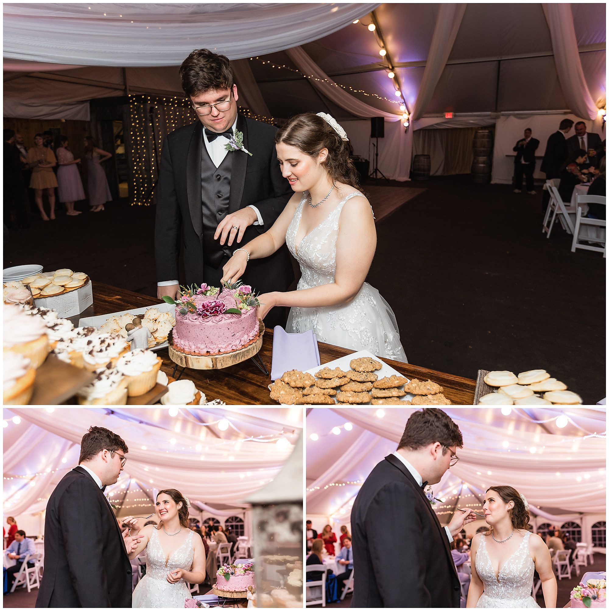 bride and groom cutting cake
