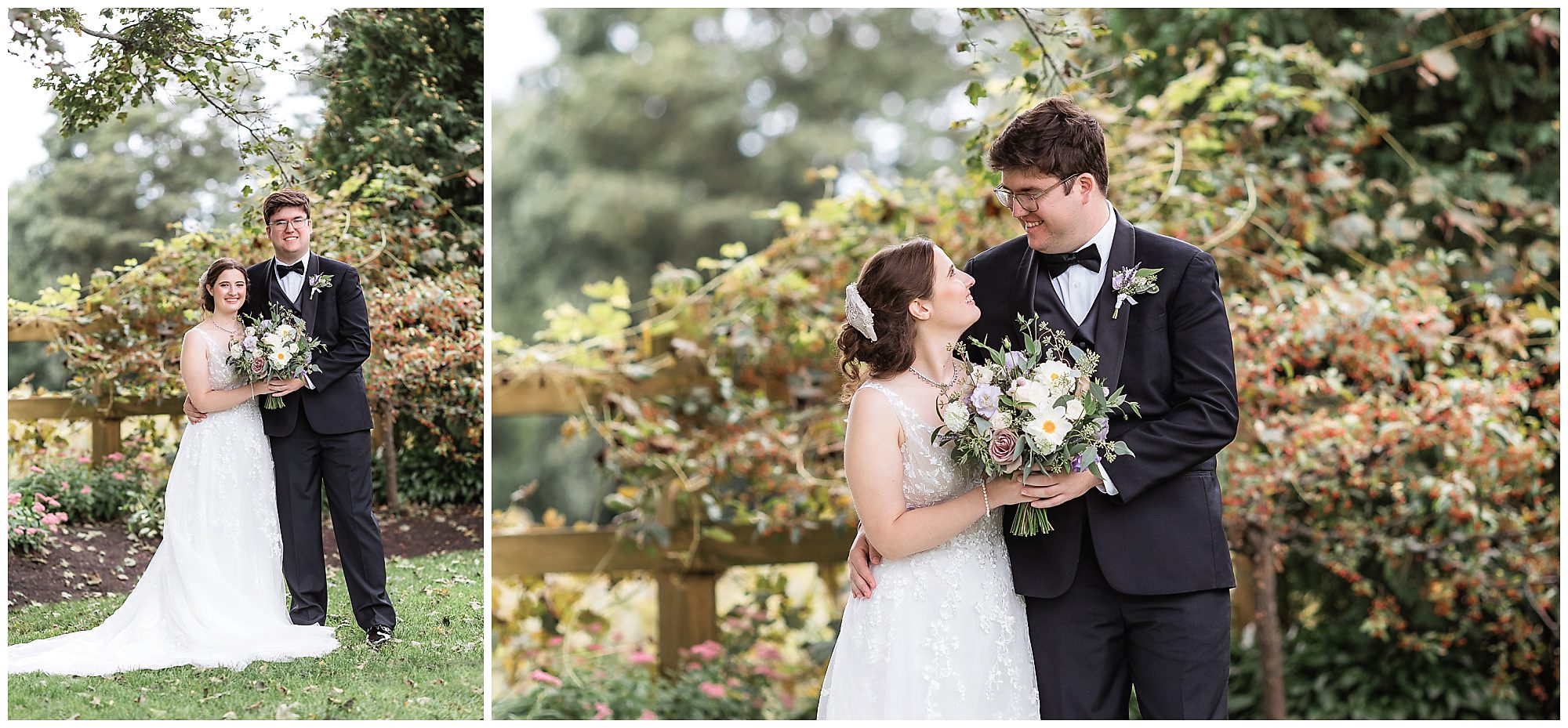 bride and groom in orchard
