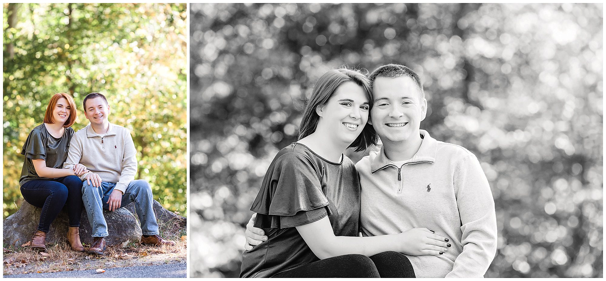 engagement session couple is sitting on a rock