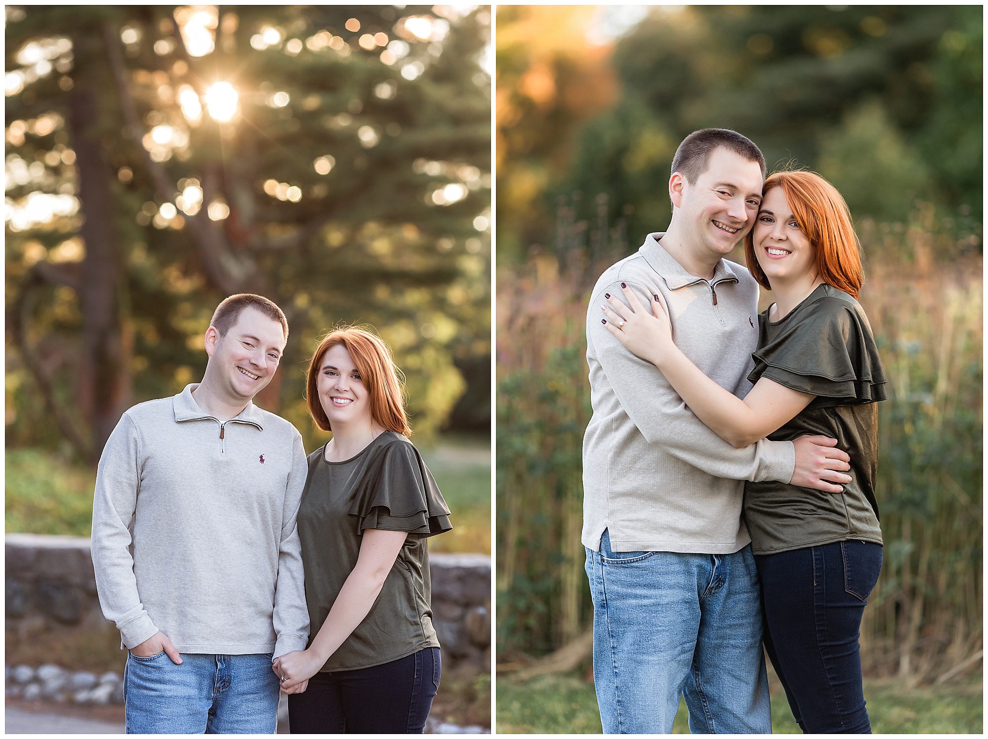 sun coming through trees at an engagement session