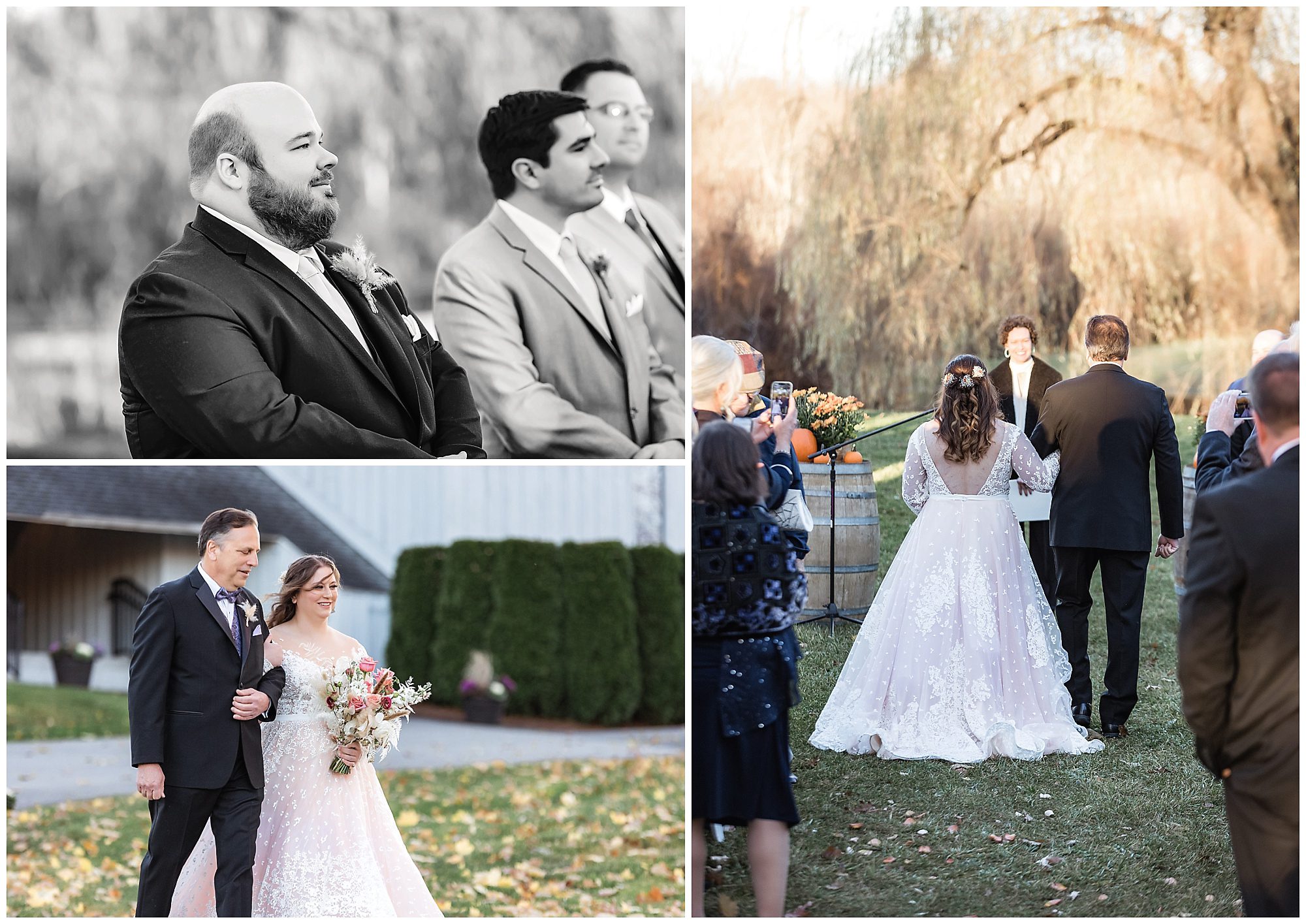 bride walks down the aisle with her father while groom watches and waits