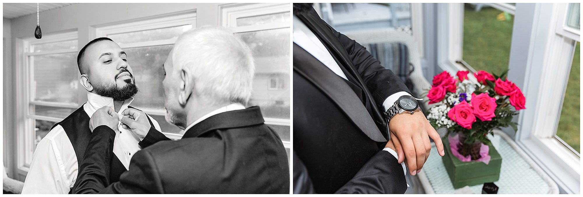groom getting ready with father