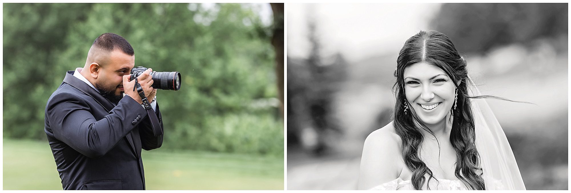 groom taking a photo of his bride