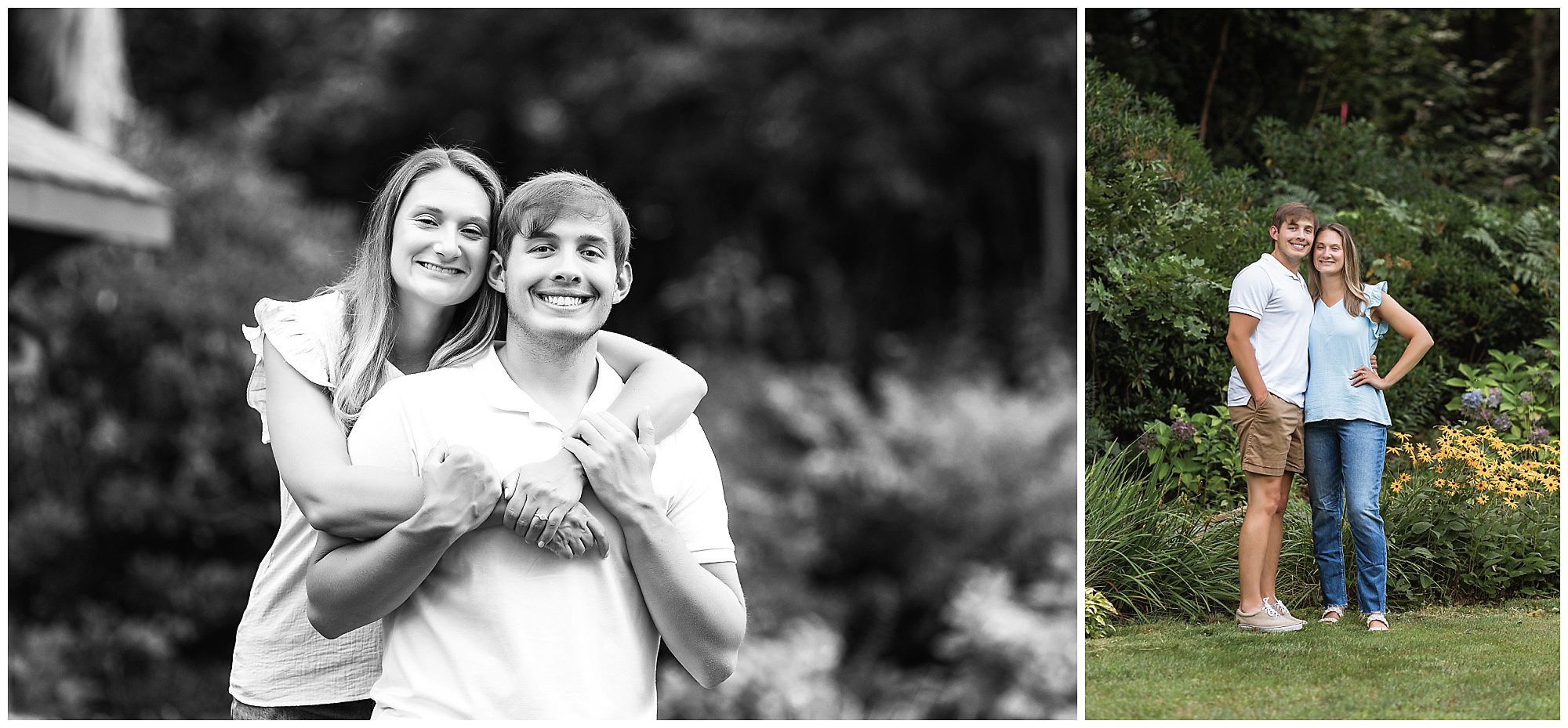 engaged couple flower garden