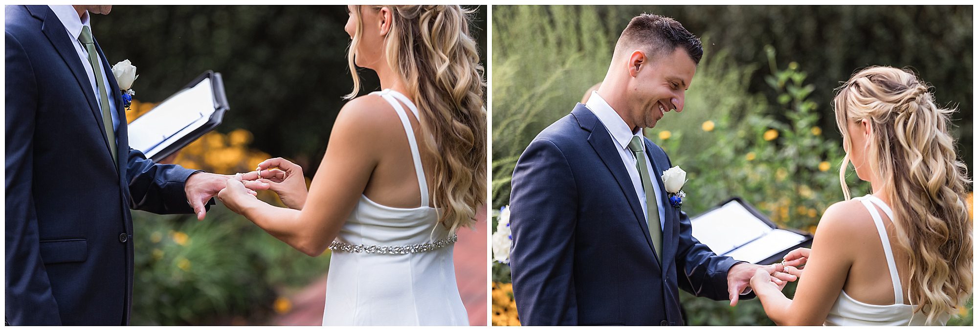 Bride putting the ring on the groom