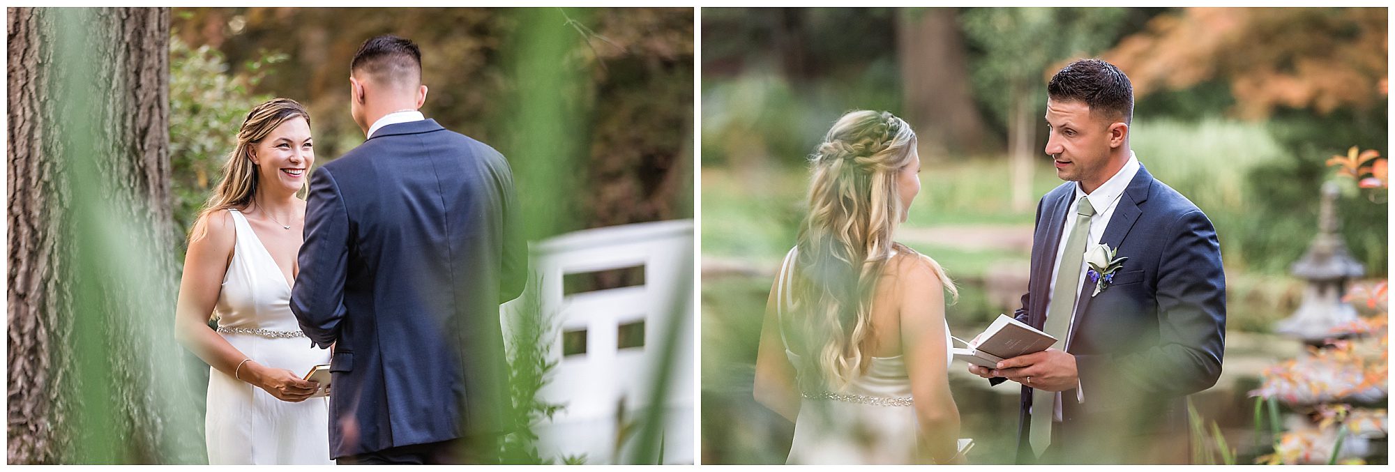 Couple saying vows by the pond