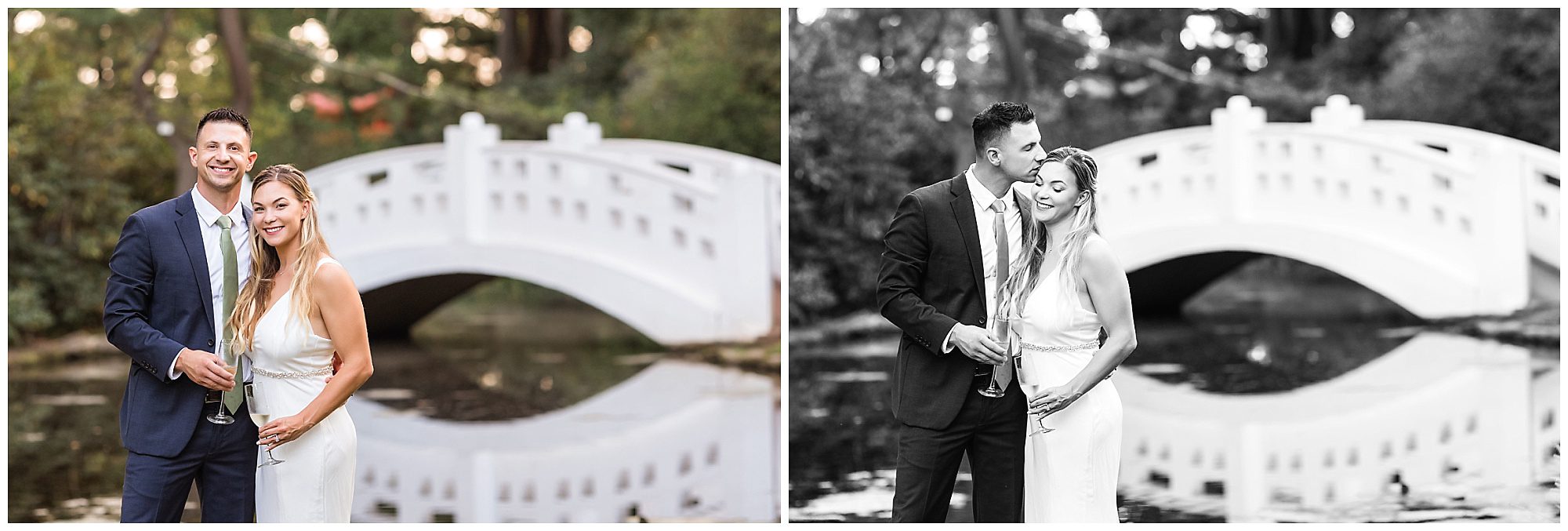 bride and groom with champagne