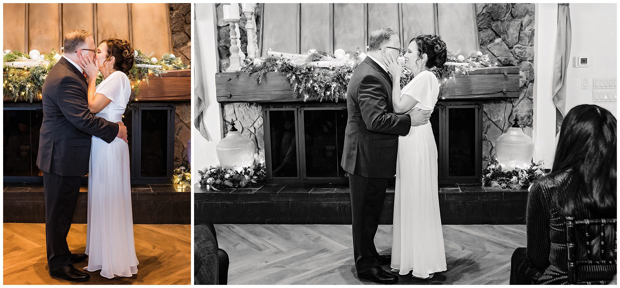 Christmas wedding Pond House Cafe Ceremony first kiss