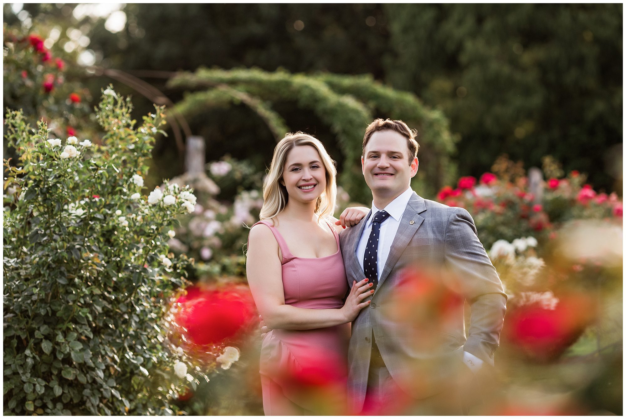 Devon and Jack's engagement session in the rose garden at Elizabeth Park