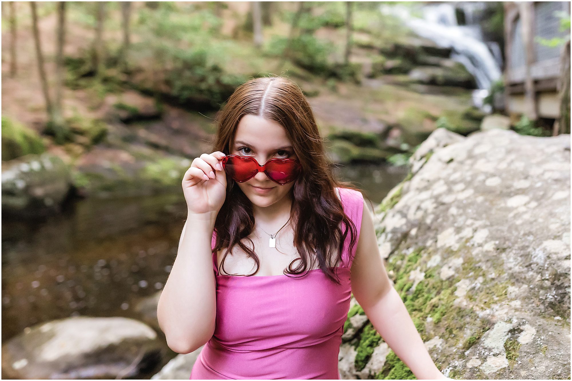 Senior portrait session at Enders Falls Senior with adorable heart glasses