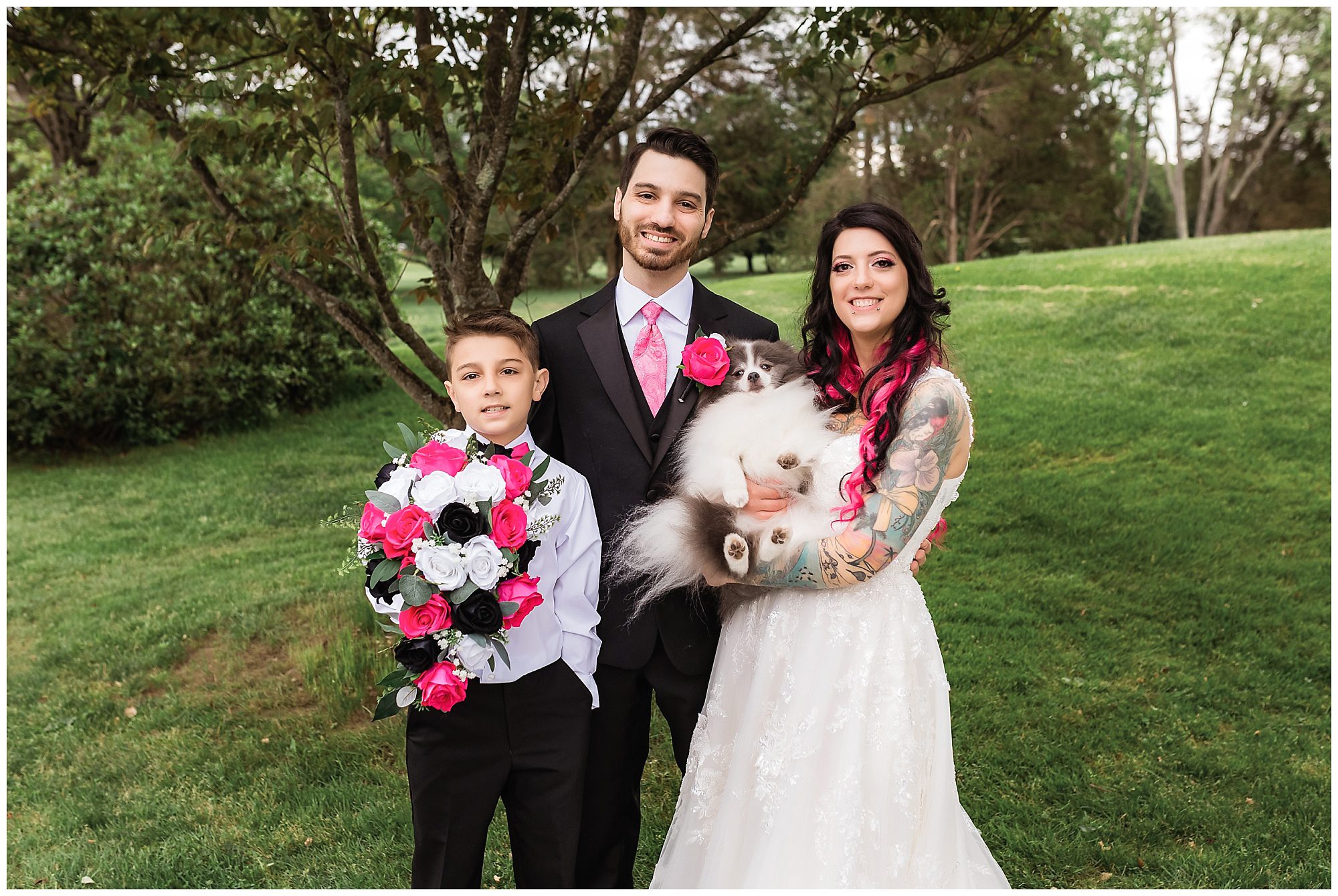 Tunxis Country Club Intimate Wedding portraits bride groom son dog