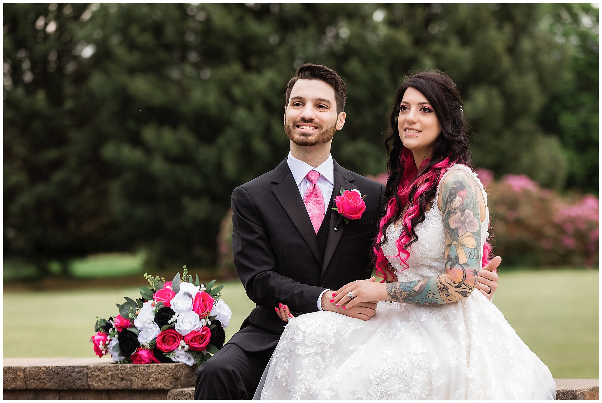 Tunxis Country Club Intimate Wedding bride and groom portrait on the golf course
