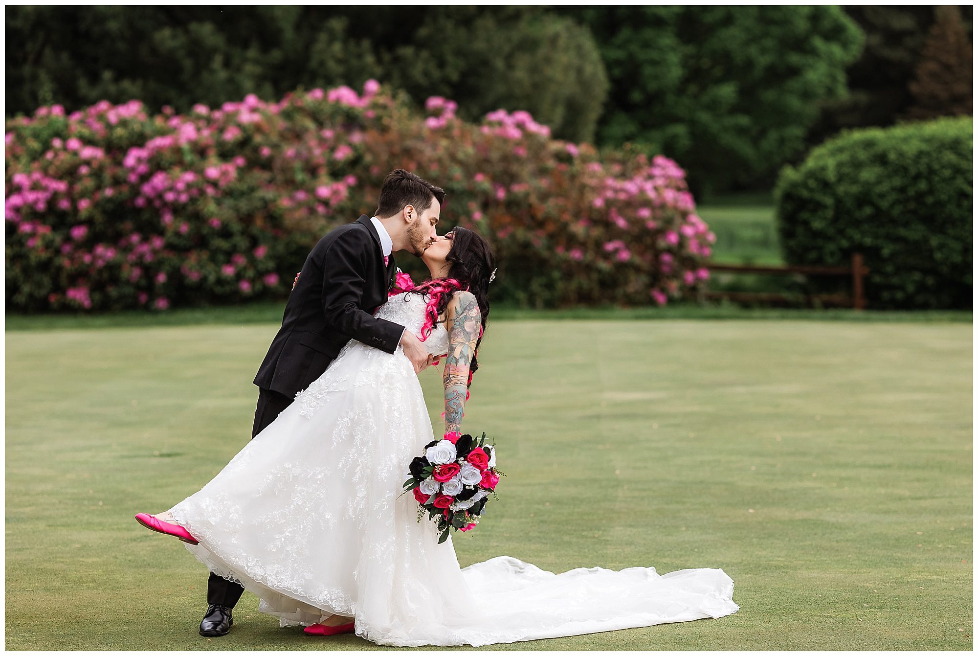 Tunxis Country Club Intimate Wedding bride and groom portrait on the golf course