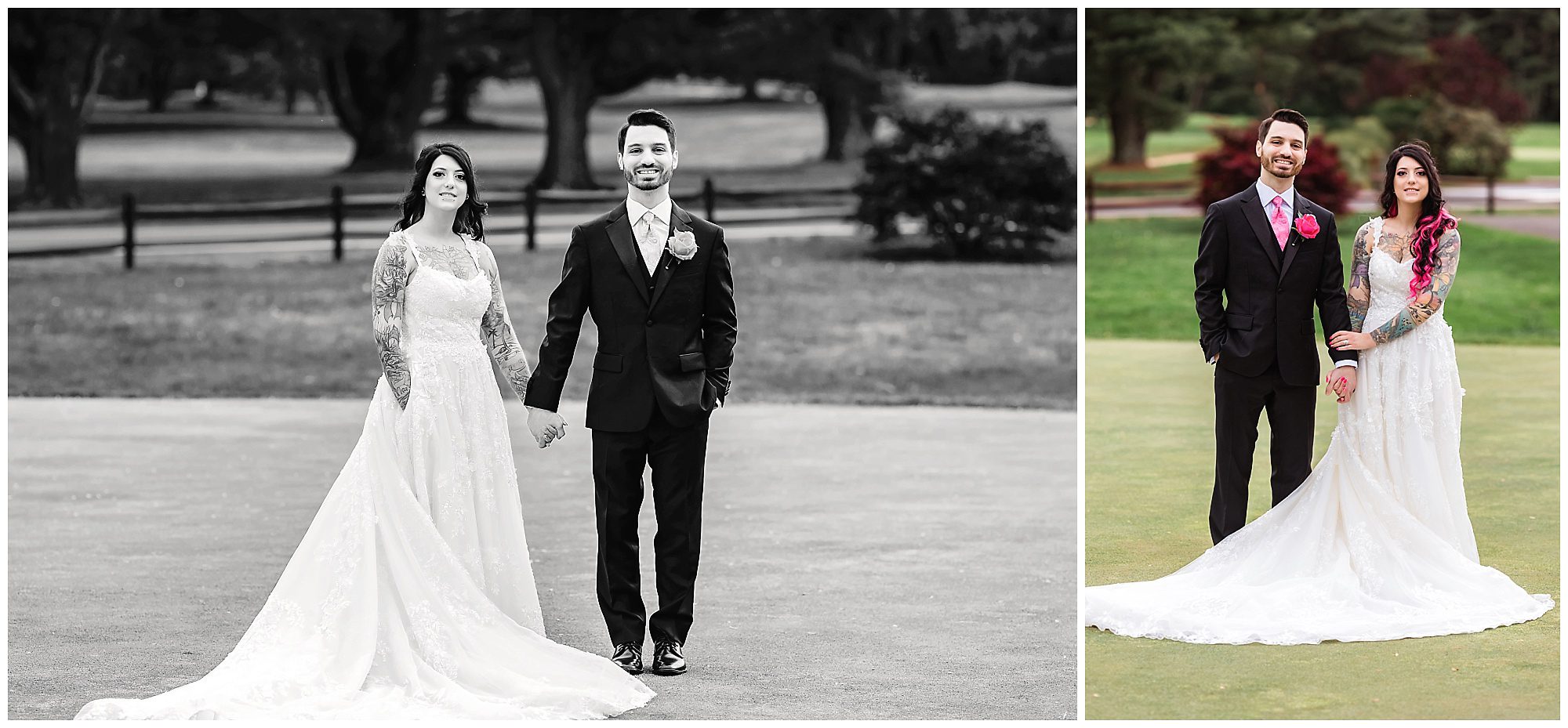 Tunxis Country Club Intimate Wedding bride and groom portrait on the golf course