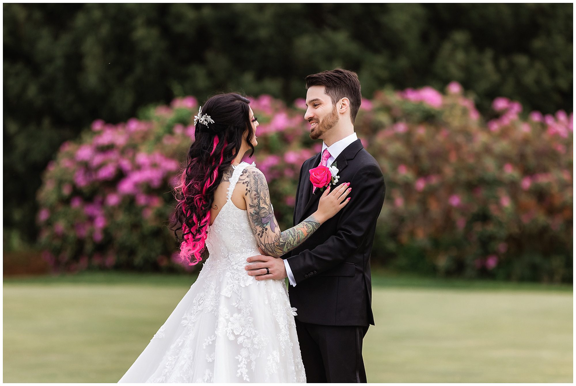 Tunxis Country Club Intimate Wedding bride and groom portrait on the golf course