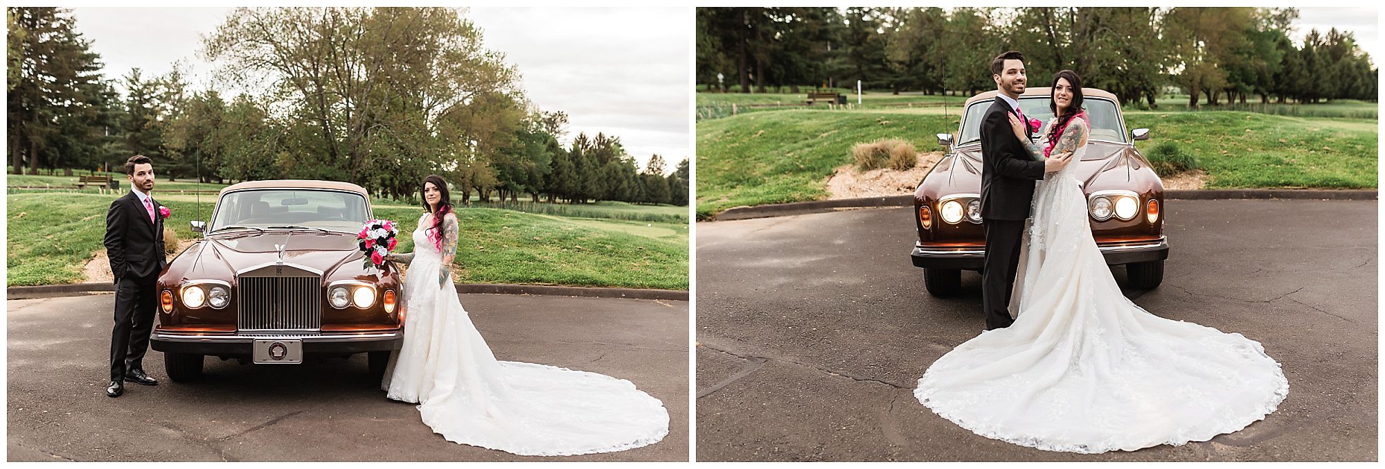 Tunxis Country Club Intimate Wedding bride and groom portrait with classic car
