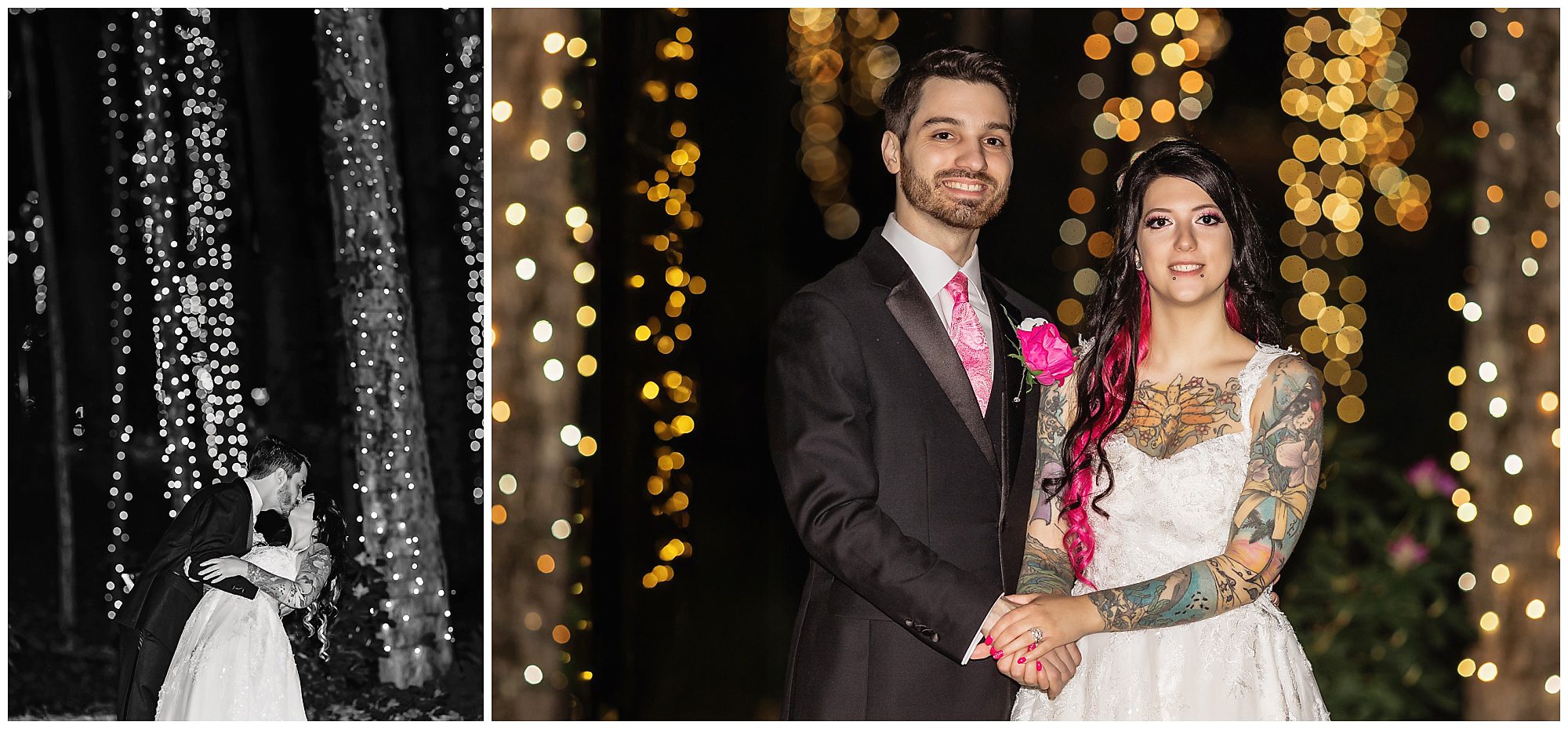 Tunxis Country Club Intimate Wedding bride and groom portrait in the woods with fairy lights