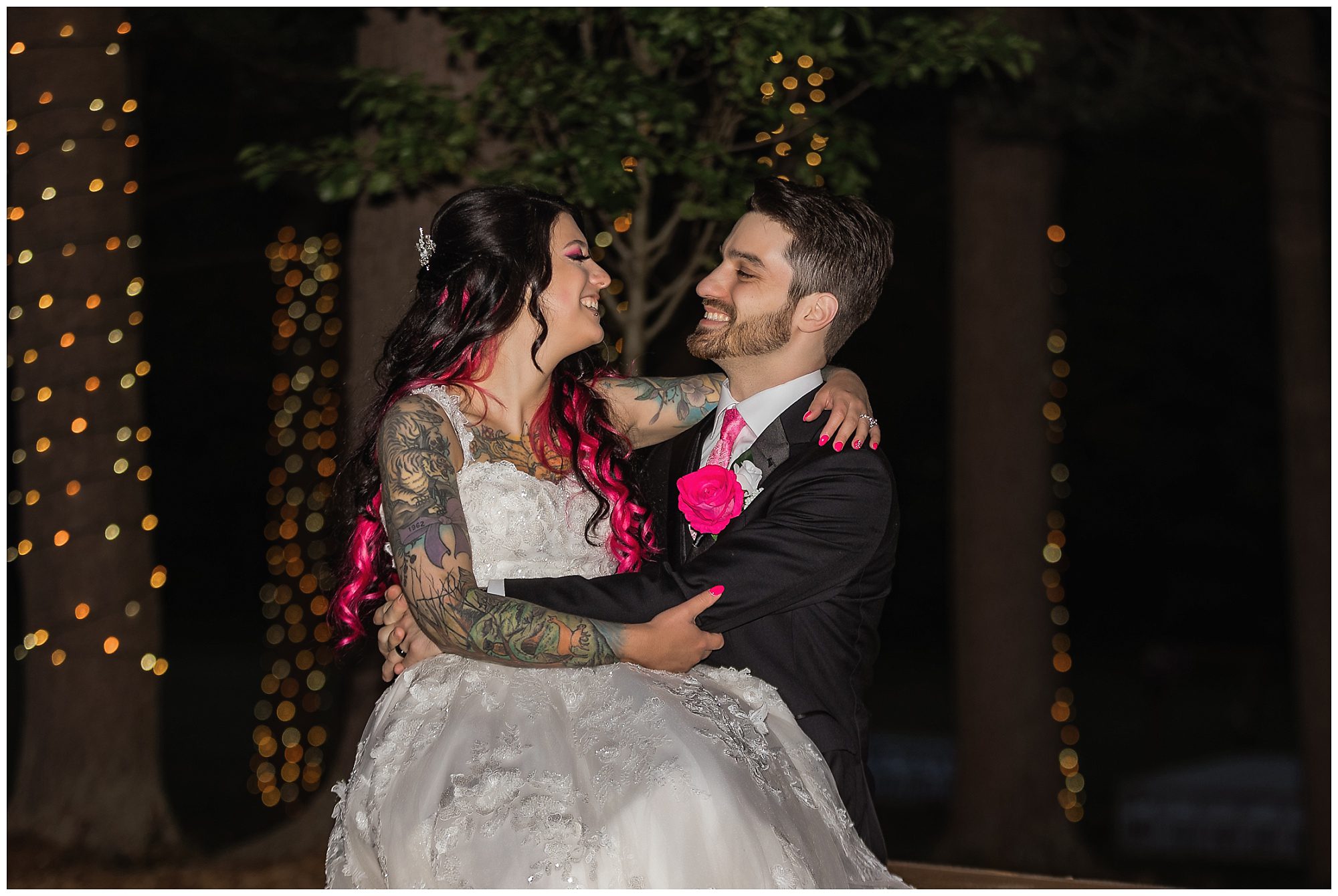 Tunxis Country Club Intimate Wedding bride and groom portrait in the woods with fairy lights
