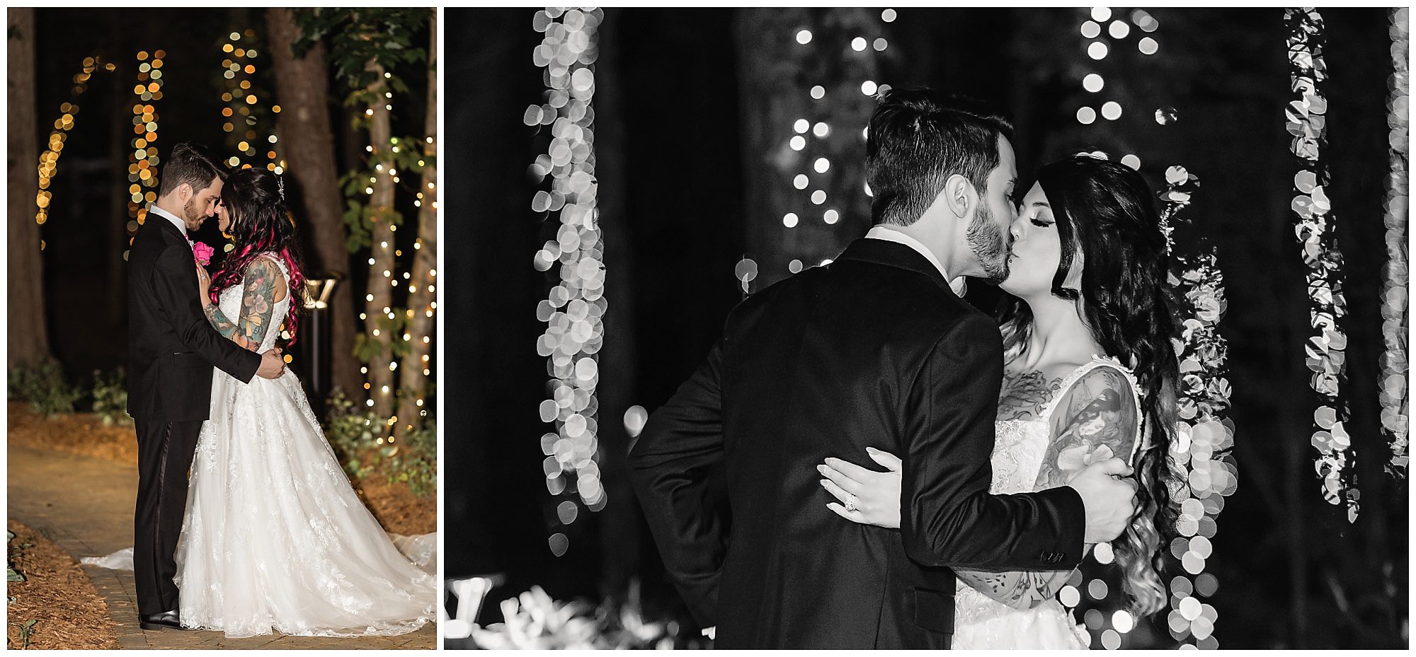 Tunxis Country Club Intimate Wedding bride and groom portrait in the woods with fairy lights