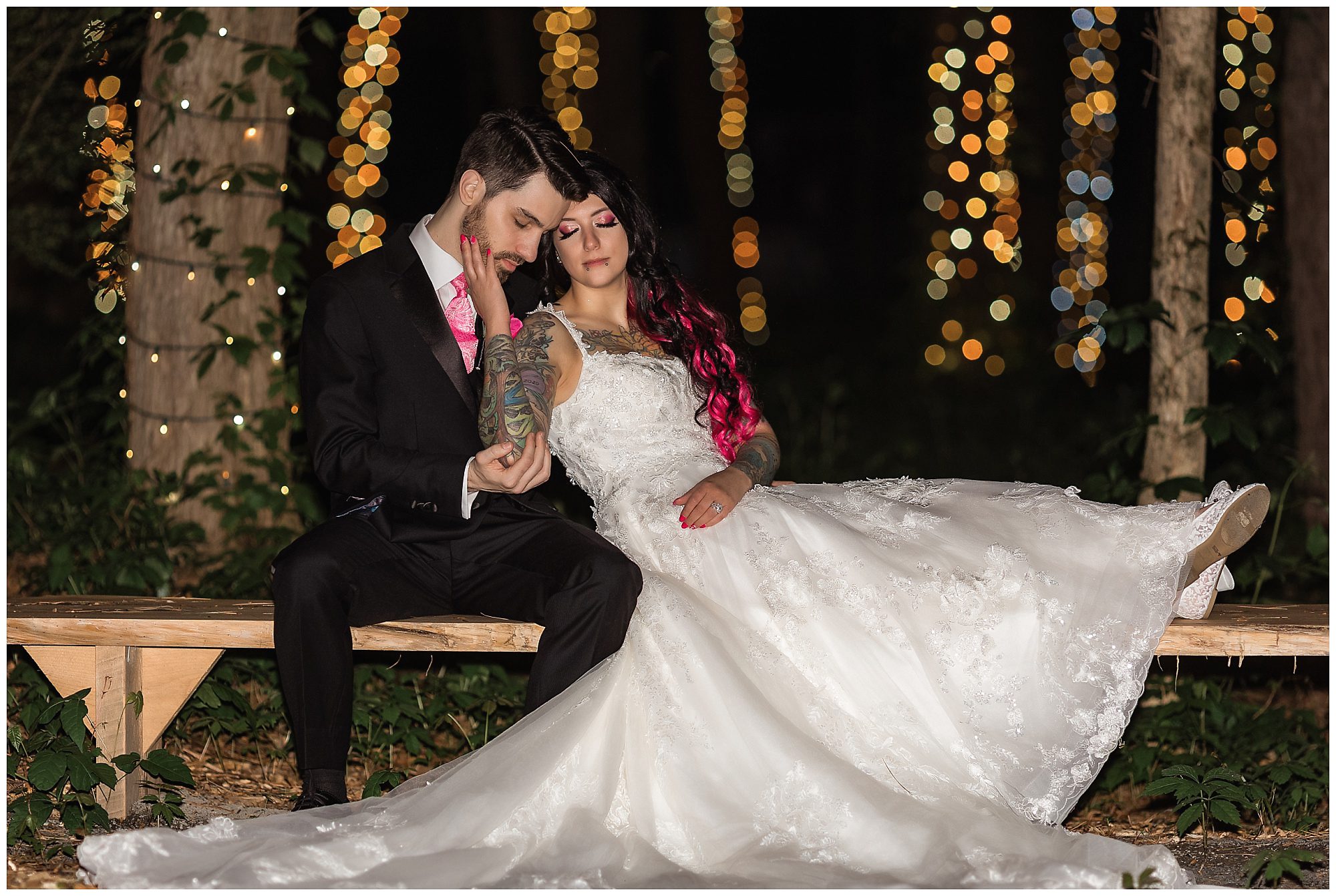 Tunxis Country Club Intimate Wedding bride and groom portrait in the woods with fairy lights