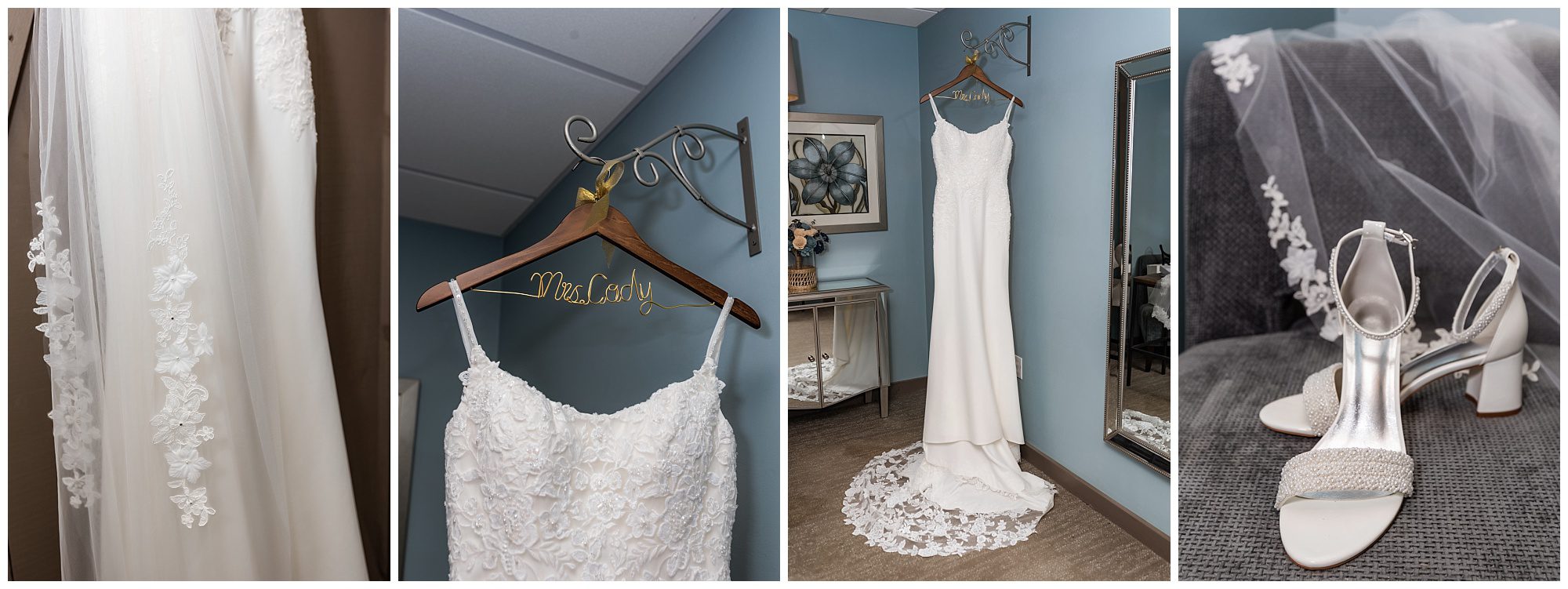 Barn at Wight Farm bride gown, veil, and shoes