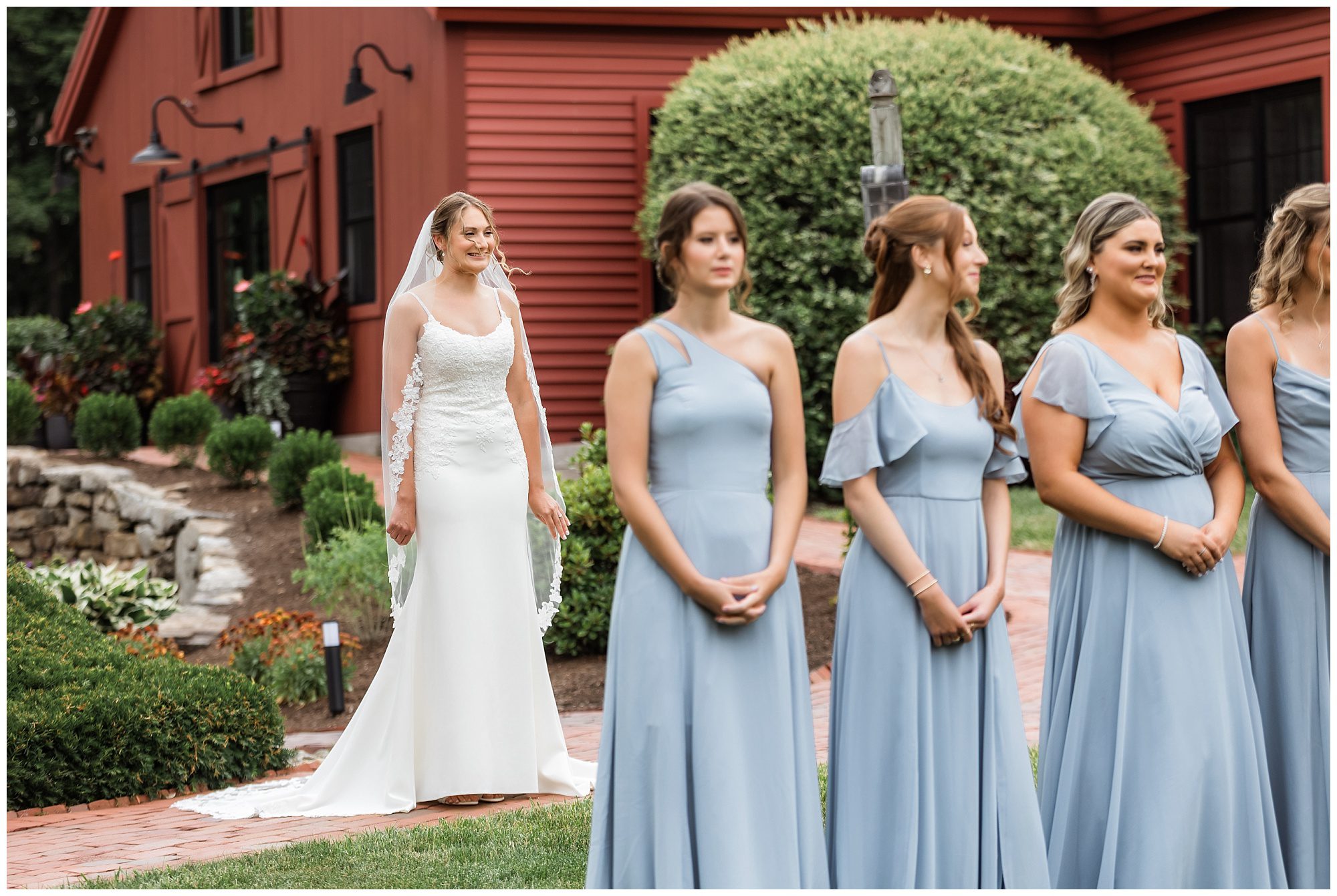 Barn at Wight Farm first look with bridesmaids
