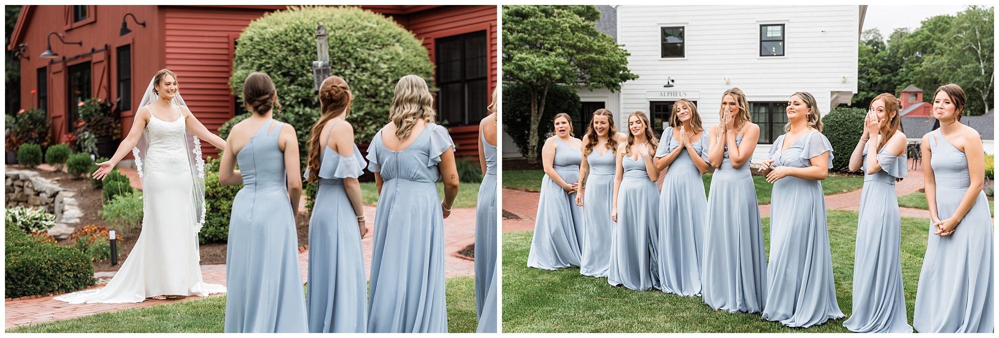 Barn at Wight Farm first look with bridesmaids
