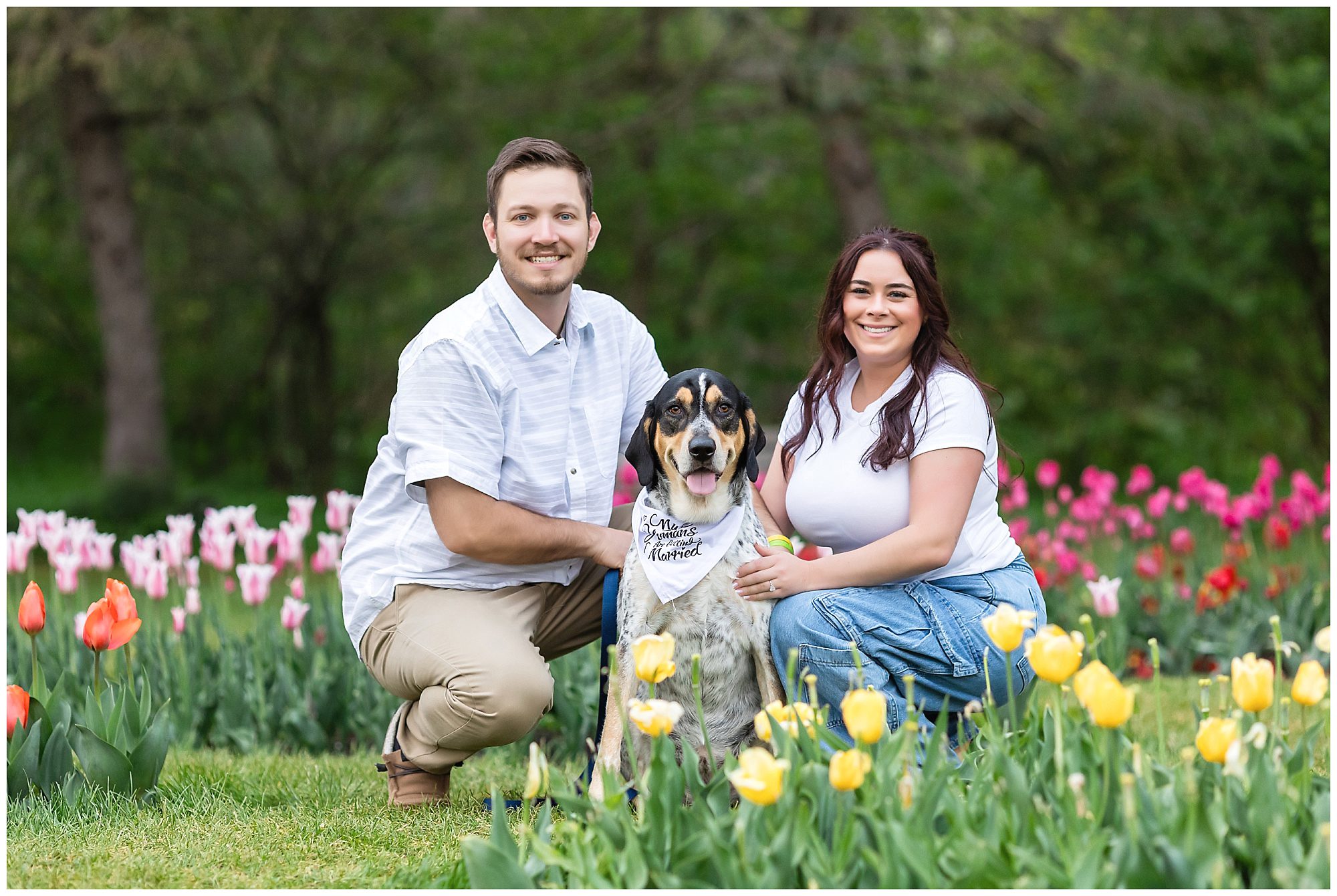 Elizabeth Park Engagement Session in the spring with a dog