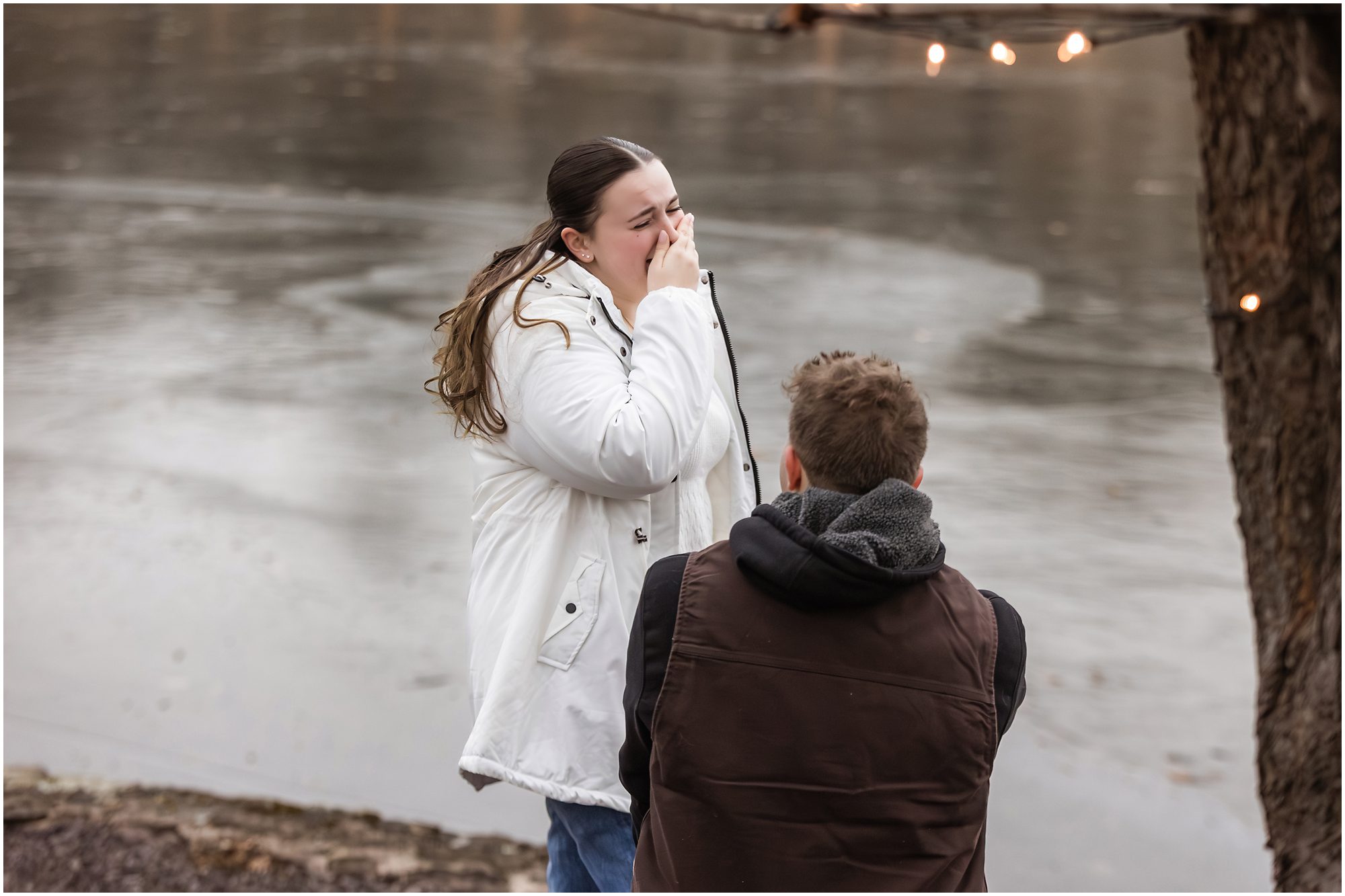 CT surprise proposal Christmas lights lake