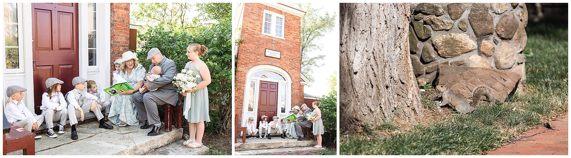 Intimate Wedding Meeting House steps Storrowton Tavern Portraits couple reading to children by the old schoolhouse