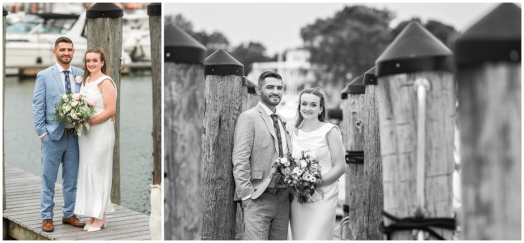 Bride and groom portraits at Saybrook Point marina